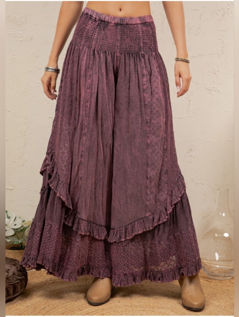 Young Threads Boho Smocked Mineral Wash Lace Tiered Ruffle Pants Mulberry NWT